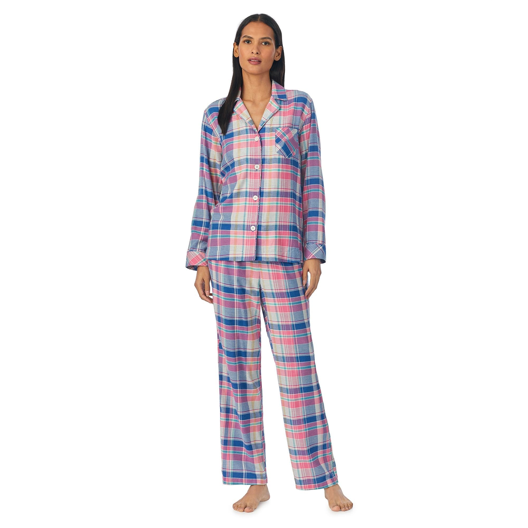 Women's Blue and Pink Plaid Cotton Pajama Set